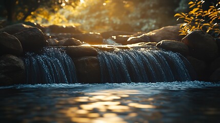 Aufkleber - Serene Woodland Stream Illuminated by Golden Sunrise with Gentle Flowing Water : Generative AI