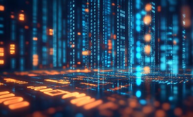 Poster - Dynamic Digital Data Code in Blue and Orange Tones Depicting Hi-Tech Concepts : Generative AI