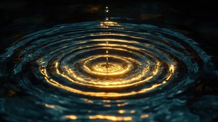 Canvas Print - Golden droplet falling, dark water ripples, night, serenity, background