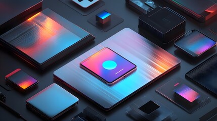 Poster - abstract technology background futuristic devices neon colors digital art modern design trendy smart