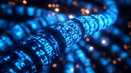 Poster - Closeup Spiral of Glowing Code on Futuristic Blue Fiber Optic Cable : Generative AI