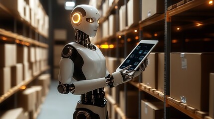 Aufkleber - Innovative AI Inventory Robot Conducting Inventory with Digital Interface : Generative AI