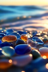 Poster - Peaceful Ocean View with Vibrant Sea Glass and Sunset Light : Generative AI