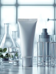 Poster - Skincare Product Tube in a Clean and Bright Science Lab with Test Tubes and Greenery : Generative AI