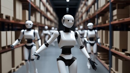 Fototapete - Group of Humanoid Robots in Modern Warehouse with Endless Shelves of Cardboard Boxes : Generative AI