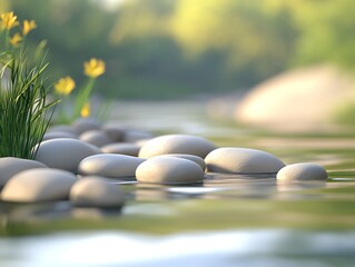 Poster - Serene Riverbank with Smooth Pebbles and Fresh Yellow Flowers on a Tranquil Summer Day : Generative AI