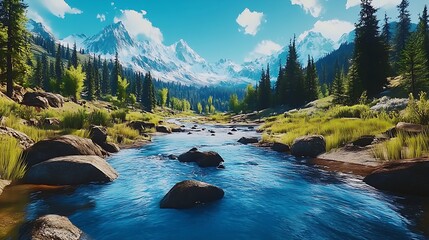 Poster - Stunning Mountain River Landscape with Pine Forest and Snow-Capped Peaks on a Clear Sunny Day : Generative AI