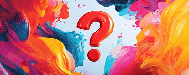 Sticker - Big red three-dimensional question mark is standing out on a colorful abstract background made of brushstrokes