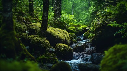 Poster - Forest Brook with Moss Enveloped Rocks Encircled by Tranquil Woodland Environment : Generative AI