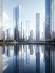 Poster - Contemporary Urban Skyscrapers and Reflections on a Peaceful Water Surface : Generative AI