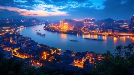 Aufkleber - Dazzling cityscape of Chongqing glowing at dusk with reflections along the Yangtze River : Generative AI