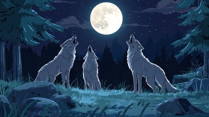  A pack of wolves howling under the full moon in a forest clearing.