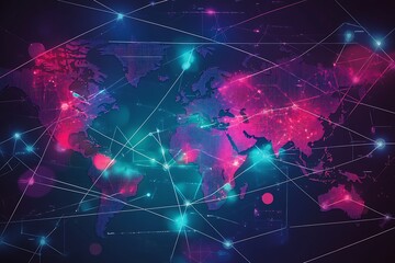 Aufkleber - Digital World Map with Neon Connections Illustrating Global Connectivity and Networks : Generative AI