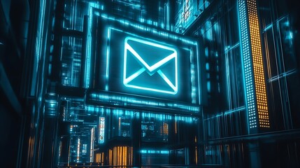 Poster - Glowing Digital Mail Icon in Cyberpunk Urban Network Environment : Generative AI