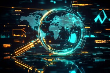 Poster - Futuristic Global Technology Network Concept with Magnifying Glass : Generative AI