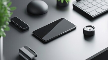 Poster - Contemporary smartphone rests on a desk next to surveillance equipment and other gadgets