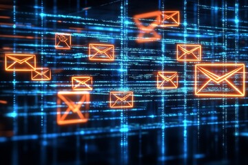 Poster - Digital Neon Email Envelopes Floating in a Network with Vibrant Orange Hue : Generative AI