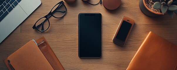 Poster - Capture your app or website design in a workspace with a smartphone resting on a wooden surface