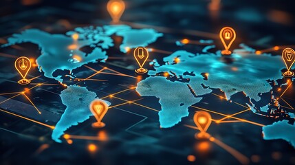 Poster - Futuristic Global Map with Technology Icons for Connectivity and Secure Networks : Generative AI