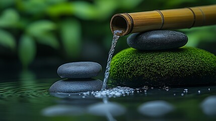 Aufkleber - Serene Zen Arrangement with Bamboo Water Flow on Moss Covered Stones : Generative AI
