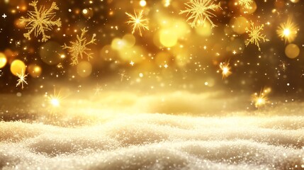 Aufkleber - Christmas background with golden bokeh lights and snowflakes falling on snowy ground