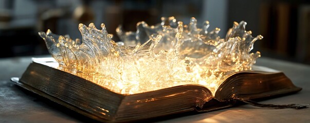 Aufkleber - crystal clear water splash illuminates open book, representing knowledge, creativity, and inspiratio