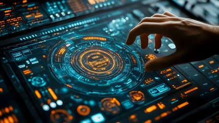 Poster - Futuristic interface control, hand interaction, tech background,  stock photo