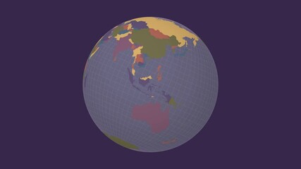 Poster - Spinning globe. Tilted sphere view. Fast speed globe rotation. Colored countries style. World map with dense graticule lines on dark background. Vibrant animation.