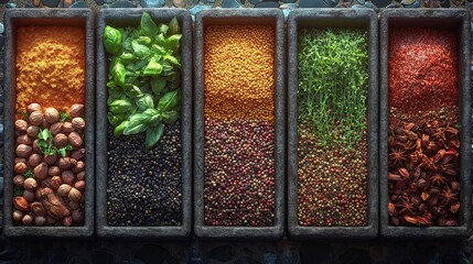 Canvas Print - A colorful arrangement of various spices and herbs in wooden containers on a textured surface