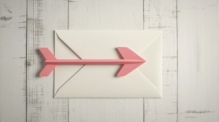 Poster - Pink paper airplane flying over a white envelope on a white wood background, symbolizing love letter, romantic message and valentine's day