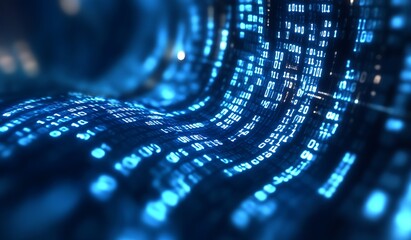 Poster - Digital Binary Code Waves in a Blue Futuristic Tech-Inspired 3D Environment : Generative AI