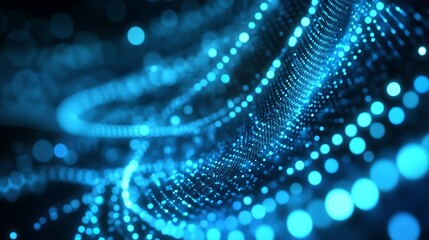 Poster - Vibrant Blue Digital Light Wave Pattern with Glowing Spheres : Generative AI