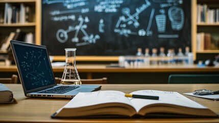 Aufkleber - School desk with a laptop and beaker nearby, featuring an open notebook and a pen resting on top