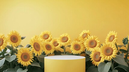 Poster - Sunflower-lined yellow podium set against a sunny backdrop, perfect for product displays