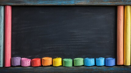 Poster - Colorful chalks are framing an empty blackboard with copy space