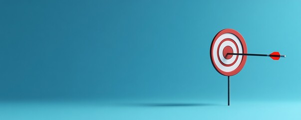 Poster - Red arrow hitting the bullseye on a blue target background