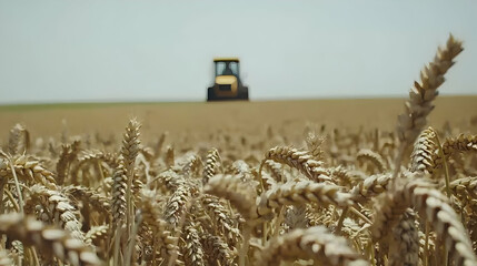 Poster - Tractor harvesting wheat field, sunny day