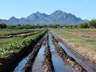 Poster - Farmland irrigation, desert mountains background, agriculture