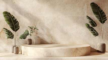 Poster - Empty round podium displaying on sunlit stone wall with tropical plants for cosmetic product presentation