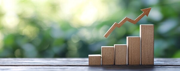 Poster - Wooden blocks arranged in a chart with an upward arrow, set against a green bokeh background