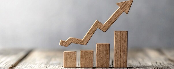 Poster - Wooden blocks forming ascending bar chart with arrow going up symbolizing business growth