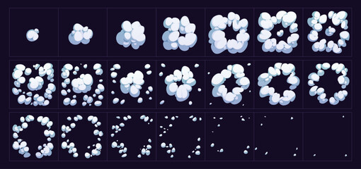 smoke cloud explosion game sprite. cartoon animate steam, bomb explosion with white smoke clouds, st