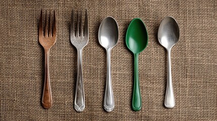 A collection of utensils arranged on a textured surface.