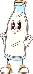Poster - Groovy cartoon milk bottle cheerful character. Healthy nutrition dairy product cartoon isolated vector mascot, natural milk packaging funny character. Yogurt or cream bottle cheerful groovy personage