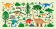 © Vector Tradition - Cartoon prehistoric dinosaur characters, forest trees, plants and rocks. Jurassic dino animals and reptile vector personages, funny brachiosaurus, velociraptor, styracosaurus and polacanthus dinosaurs