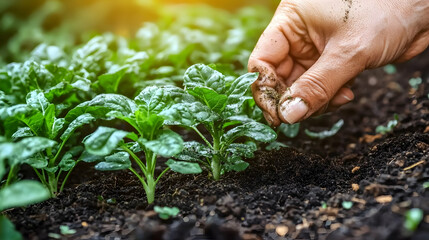 Poster - Hand tending spinach seedlings in garden bed