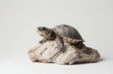 Poster - Captivating Turtle on a Natural Rock with Unique Shell Patterns Against Simple Background for Nature and Wildlife Stock Photography