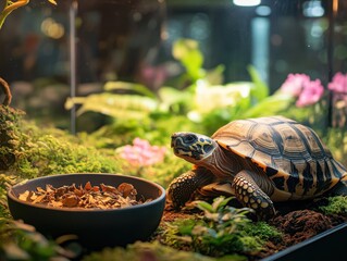 Poster - Close-Up of a Beautiful Tortoise in a Lush Habitat with a Bowl of Food Surrounded by Greenery and Vibrant Flowers in a Terrarium Environment