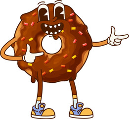 Aufkleber - Cartoon fast food donut groovy character. Street cafe dessert childish cartoon hippie personage, donut sweet pastry or takeaway menu meal cute funky isolated vector mascot or happy groovy character