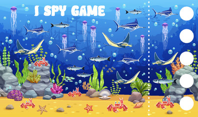 Aufkleber - I spy game kids game worksheet with funny sea underwater animals. Calculation quiz, counting I spy puzzle vector worksheet with manta ray, marlin swordfish, jellyfish and crab, sea shell, seaweeds